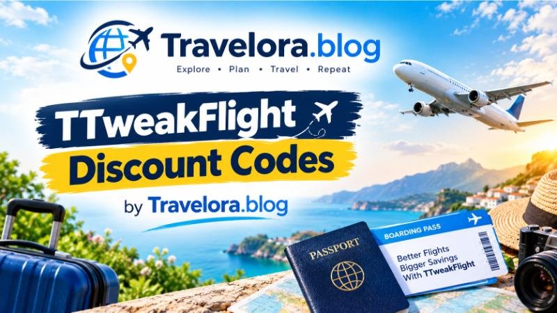 TTweakFlight Discount Codes by Travelora.blog featuring flight savings, airplane, passport, and travel accessories.